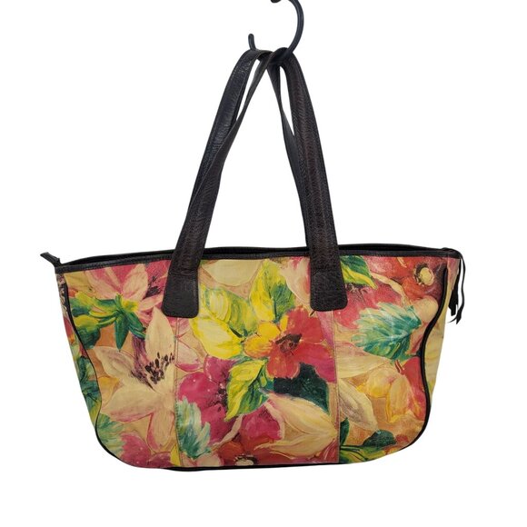 Vtg Maurizio Taiuti Italian Leather Hand-Painted Tote Bag Floral Italy Overnight - Picture 1 of 10